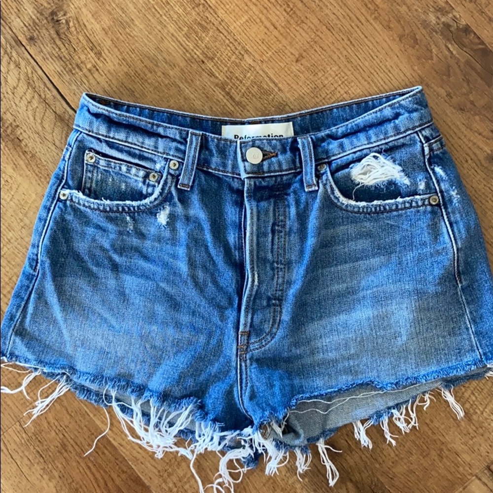 Reformation raw edge denim shorts